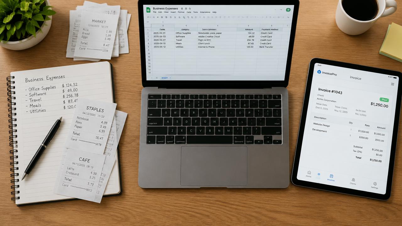 Papieren administratie, spreadsheet en factuurapp naast elkaar